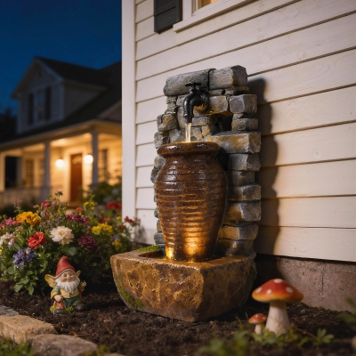 Outsunny Outdoor Water Fountain Adjustable Water Flow Garden Fountain with LED Lights Rustic Urn Design