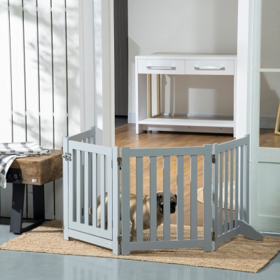 PawHut 23.5"H Foldable Dog Gate with Door, 4 Panels Freestanding Pet Gate Barriers Indoor with Support Feet, Puppy Fence for Dogs, Grey