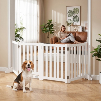 PawHut 23.5"H Foldable Dog Gate with Door, 4 Panels Freestanding Pet Gate Barriers Indoor with Support Feet, Puppy Fence for Dogs, White