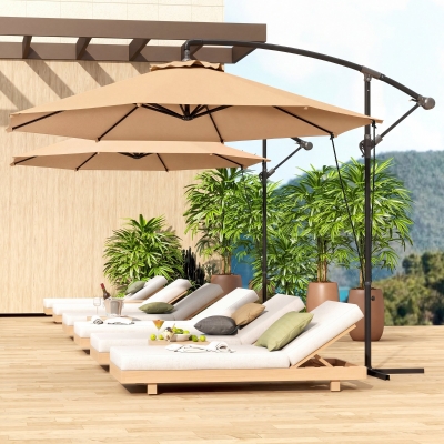 Outsunny 9.5' Cantilever Umbrella with Wind Protection Strap and Cover, Hanging Umbrella with Crank and Cross Base, Khaki