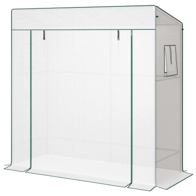 Outsunny Walk-in Tomato Greenhouse Lean-to Green House with Reinforced PE Cover, Roll-up Door, Mesh Windows, White