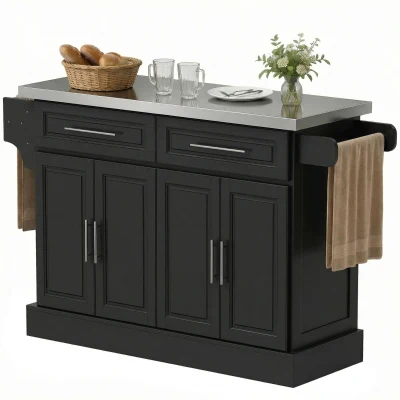 HOMCOM Rolling Kitchen Island with Storage and Stainless Steel Top, Kitchen Trolley with Drawers, Cabinets, Towel Rack