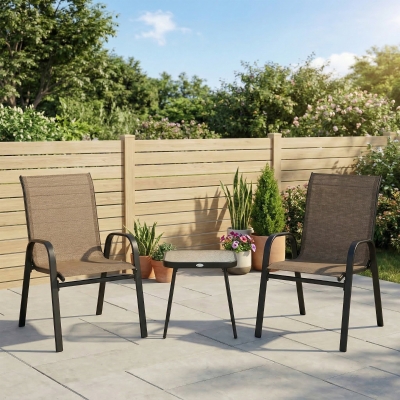 Outsunny Outdoor Bistro Set of 3, 3-Piece Patio Set with Breathable Mesh Fabric, Stackable Chairs and Square Table, Brown