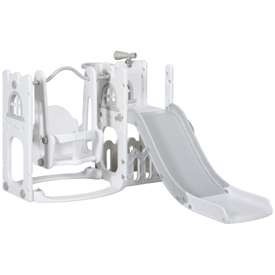 Qaba 6-in-1 Slide and Swing Set Baby Swing Playset Indoor with Basketball Hoop, Climber, Storage Space, Telescope, Grey