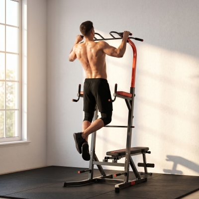 Soozier Power Tower Pull Up Bar Station for Home Gym Training Workout Equipment With Sit Up Bench