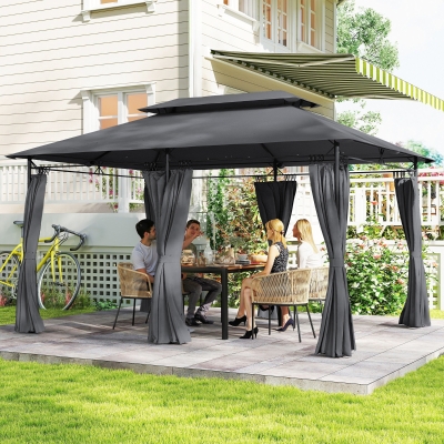 Outsunny 10' x 13' Double Roof Patio Gazebo, Outdoor Gazebo with Curtains, for Garden, Lawn, Backyard and Deck, Grey