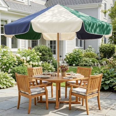 Outsunny 7.4 ft Patio Umbrella with Wood-Effect Frame, Colour-Blocked UPF 30+ Outdoor Market Table Umbrella Parasol, Dark Green