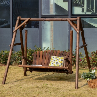 Outsunny Freestanding 6.5' Wooden Loveseat Traditional Farmhouse Style Log Swing Carbonized