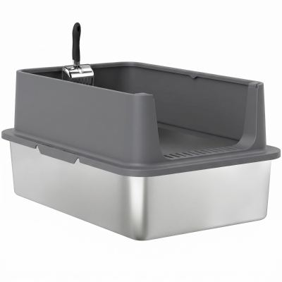 PawHut XL Stainless Steel Cat Litter Box for Big and Multiple Cats with High Wall Side, Scoop, Easy Cleaning & Odor Free