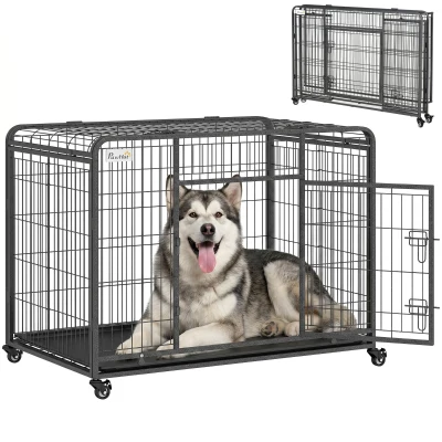PawHut Folding Dog Crate Heavy Duty Cage for Extra Large Sized Dogs with Double Doors, Lockable Wheels Tray, 49" x 30" x 32"