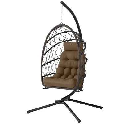 Outsunny Hanging Egg Chair with Stand, Foldable Wicker Rattan Swing Chair with Thick Cushion and Safety Rope, Brown