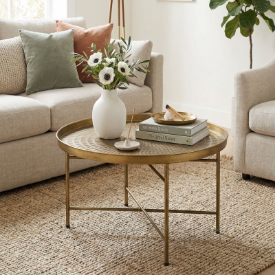 HOMCOM Vintage Coffee Table for Living Room, 24" Round Center Table with Hammered Tray Top and Metal Frame, Gold
