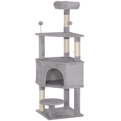 PawHut 54 Inch Cat Tree with Large Condo, Top Perch, Sisal Scratching Posts, Dangling Toy Ball,Light Grey