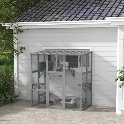 PawHut Large Outdoor Catio with Weatherproof Roof, Bridge, Resting Box, Platforms, Grey