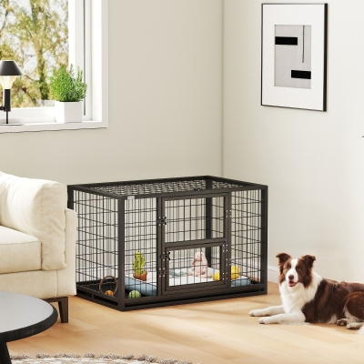 PawHut 37 Inch Heavy Duty Dog Crate, Large Metal Dog Kennel with Removable Tray, 3 Doors and Secure Lock