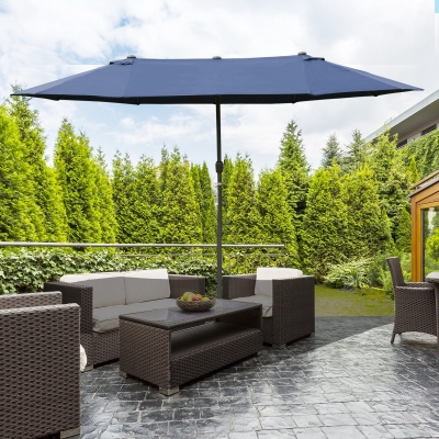 Outsunny 15' Outdoor Patio Umbrella with Twin Canopy Sunshade Steel Table Umbrella w/ Lift Crank, Cross base, Sandbag, Dark Blue