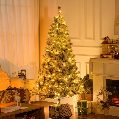 HOMCOM 6ft Artificial Prelit Christmas Tree with Warm White LED Light, Snow Flocked Branches, Metal Base, Xmas Tree
