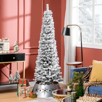 HOMCOM 6ft Flocked Christmas Tree, Pencil Christmas Tree with Realistic Branch Tips, Folding Metal Stand, Black