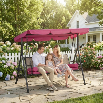 Outsunny Outdoor 3-Seat Porch Swing with Canopy, Rattan Seat, Removable Cushion, Pillows and Steel Frame