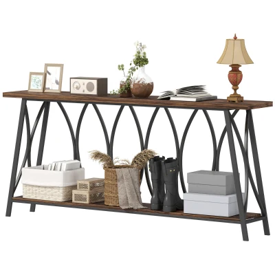 HOMCOM 71" Console Table, Industrial 2-Tier Narrow Entryway Table with Metal Frame for Living Room, Hallway, Rustic Brown