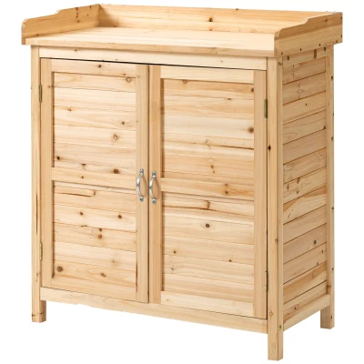 Outsunny Wood Garden Shed, Compact Outdoor Storage Cabinet Potting Shed with Inner Shelf and Double Doors for Backyard, Natural