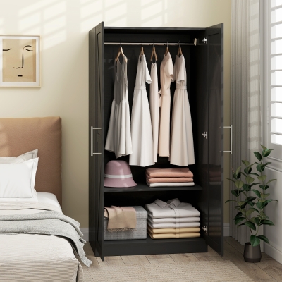 HOMCOM Wardrobe Cabinet with 2 Barn Doors and Hanging Rod, Farmhouse Armoire Wardrobe Closet for Bedroom, Black Wood Effect