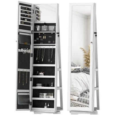 HOMCOM 360° Swivel Jewelry Armoire, Lockable Mirror Jewelry Cabinet with Built-In Small Mirror, White
