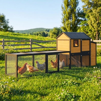 PawHut Large Chicken Coop, 134"L Wooden Chicken House with Run, Nesting Box, Slide-Out Tray, Waterproof Roof and Ramp
