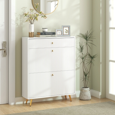 HOMCOM Narrow Shoe Storage Cabinet with Wave-like Panels and Adjustable Shelves for 12 Pairs of Shoes, White