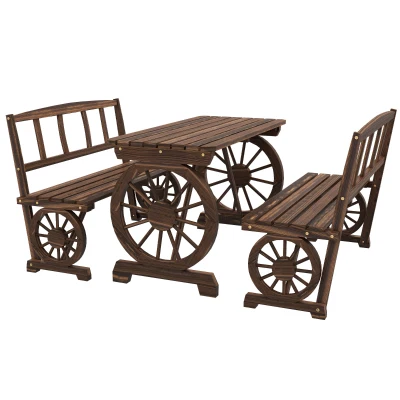 Outsunny Wooden Patio Table and Chairs for 4 People 3-Piece Carriage Wheels Design for Porch, Backyard, Balcony, Carbonized