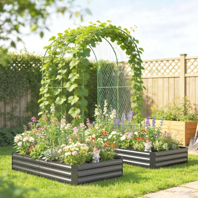 Outsunny Metal Raised Garden Bed with Trellis, Galvanized Garden Bed Kit Outdoor Garden Box with Trellis, Dark Grey