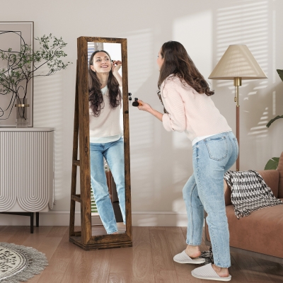HOMCOM 360° Swivel Jewelry Armoire, Lockable Mirror Jewelry Cabinet with Built-In Small Mirror, Rustic Brown