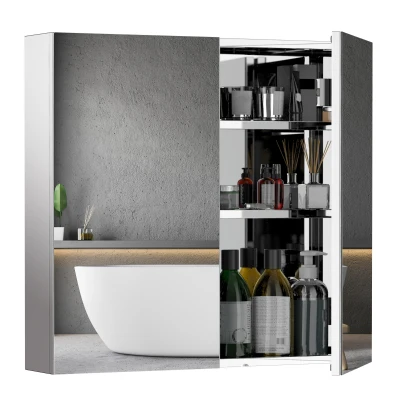 HOMCOM Wall Mounted Bathroom Cabinet with Mirror, Bathroom Medicine Cabinet with Mirror, 2 Doors and 3-tier Shelving, Silver