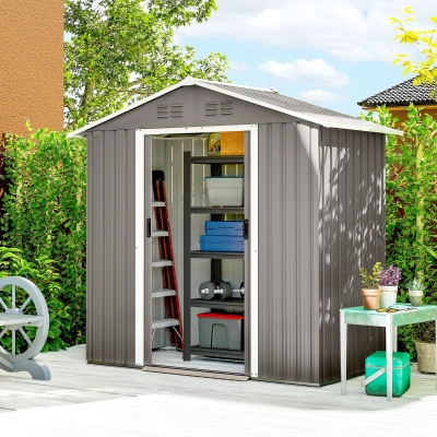 Outsunny 6.5x3.5ft Metal Garden Storage Shed for Outdoor Tool Storage with Double Sliding Doors and Vents, Light Grey