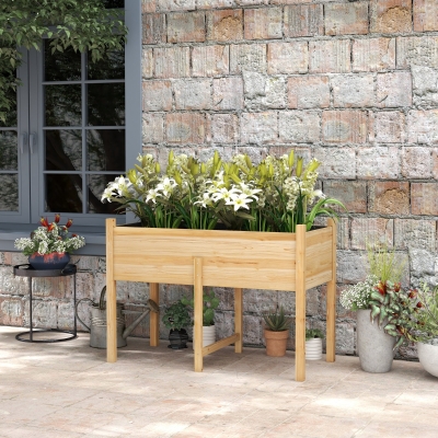 Outsunny Wooden Raised Planter Box with Drain Holes for Vegetables, Flowers, Outdoor Garden Bed, 45.3x21.7x31.5inch, Natural