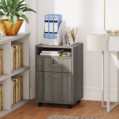 HOMCOM 24" Filing Cabinet with Open Compartment, Lockable Drawer and Wheels, Home Office Storage Cabinet, Distressed Grey