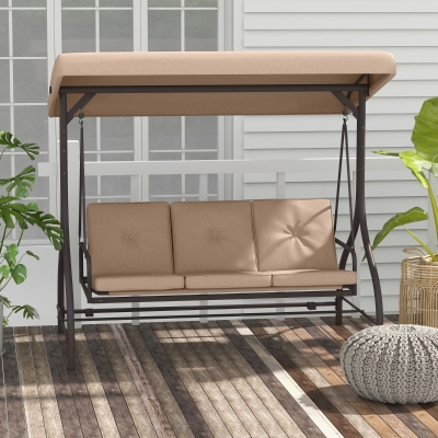 Outsunny Convertible Patio Swing Bed with Canopy and Cushions, 3 Seater Porch Swing for Outdoor, Backyard, Garden, Khaki