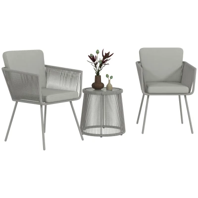 Outsunny 3 Piece Outdoor Patio Bistro Set, Wicker Rattan Furniture with Metal Legs for Garden, Backyard, Light Grey