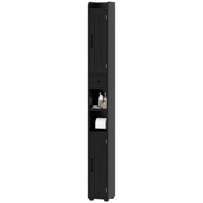 HOMCOM Narrow Bathroom Cabinet, Tall Bathroom Storage Cabinet with Barn Doors, Drawer and Adjustable Shelves, Black Wood Grain