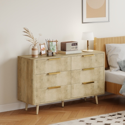 HOMCOM Fluted Chest of Drawers, Modern 6 Drawer Dresser with Pine Wood Legs, Finger Pulls for Closet, Living Room, Hallway, Oak
