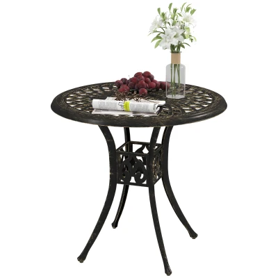 Outsunny 30-inch Round Patio Dining Table with Umbrella Hole Cast Aluminium Outdoor Bistro Table, Brown