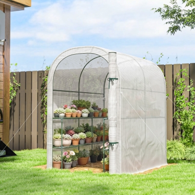 Outsunny Walk-in Mini Greenhouse with Shelves, Portable Outdoor Greenhouse with Roll-up Door, 48.4" x 73.6" x 74.4", White
