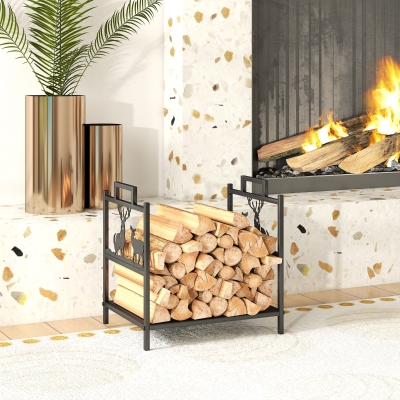 Outsunny Heavy Duty Log Stand, Firewood Rack Outdoor with Handles, Wood Storage Holder for Fireplace, Black