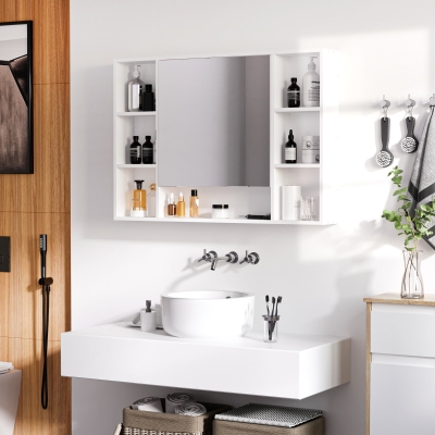 kleankin Wall Mounted Medicine Cabinet, 39.25"W x 27.5"H Medicine Cabinet with Mirror with Single Mirrored Door, Shelves and Storage Cupboard, White