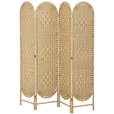 HOMCOM Bohemian Privacy Screen, Folding Room Divider with 4 Panels and Arched Top for Bedroom Living Room Office, Natural Wood