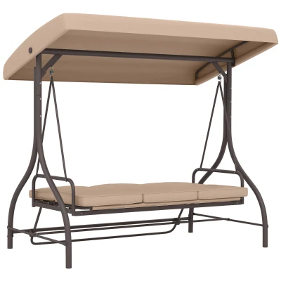 Outsunny Convertible Patio Swing Bed with Canopy and Cushions, 3 Seater Porch Swing for Outdoor, Backyard, Garden, Khaki