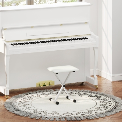 HOMCOM Adjustable Piano Bench, X-Style Folding Piano Stool with Padded Seat, Non-Slip Rubber Feet, Keyboard Chair, White