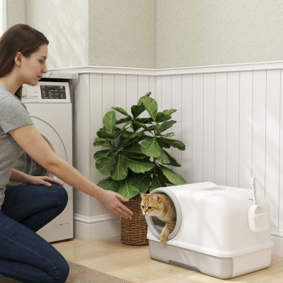 PawHut Cat Litter Box Easy Clean Drawer Odor Control Hooded Cat Litter Tray with Scoop White and Grey