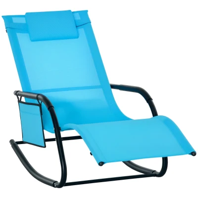Outsunny Patio Rocking Chair with Mesh Fabric, Outdoor Rocking Sling Sun Lounger with Removable Headrest and Side Pocket for Garden, Deck, Lawn, Dark Blue