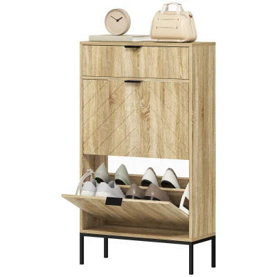 HOMCOM Narrow Shoe Storage Cabinet with Flip Drawers, Shoe Cabinet with Adjustable Shelves, Sliding Drawer, Holds 8 Pairs, Oak